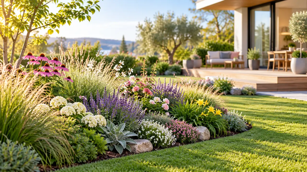 Premier massif fleuri composé de plantes vivaces dans un jardin lumineux