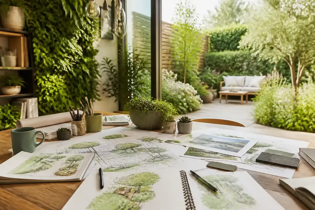 Brainstorming et croquis d'aménagement paysager sur une table en bois
