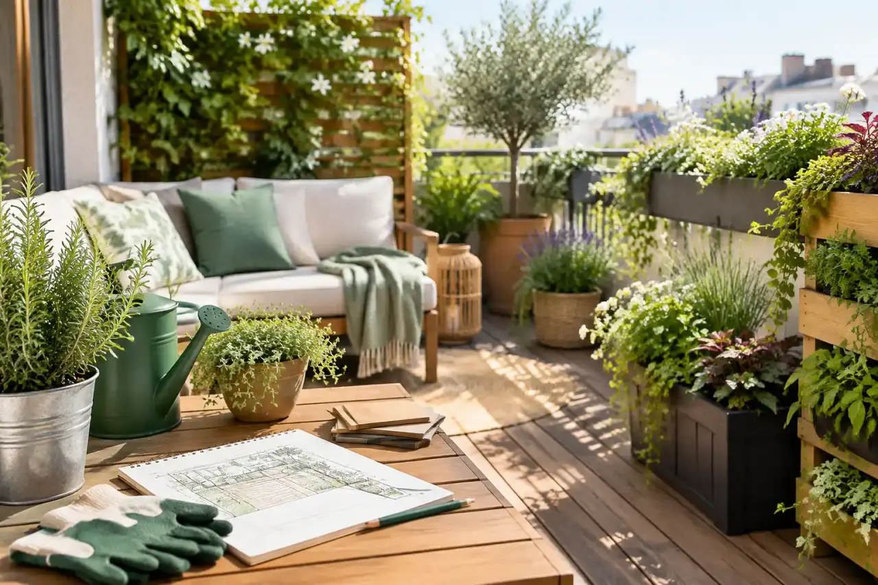 Terrasse végétalisée accueillante avec plantes en pots et mobilier extérieur