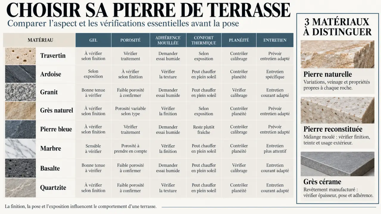 Infographie comparative des pierres pour terrasse extérieure et de leurs critères techniques