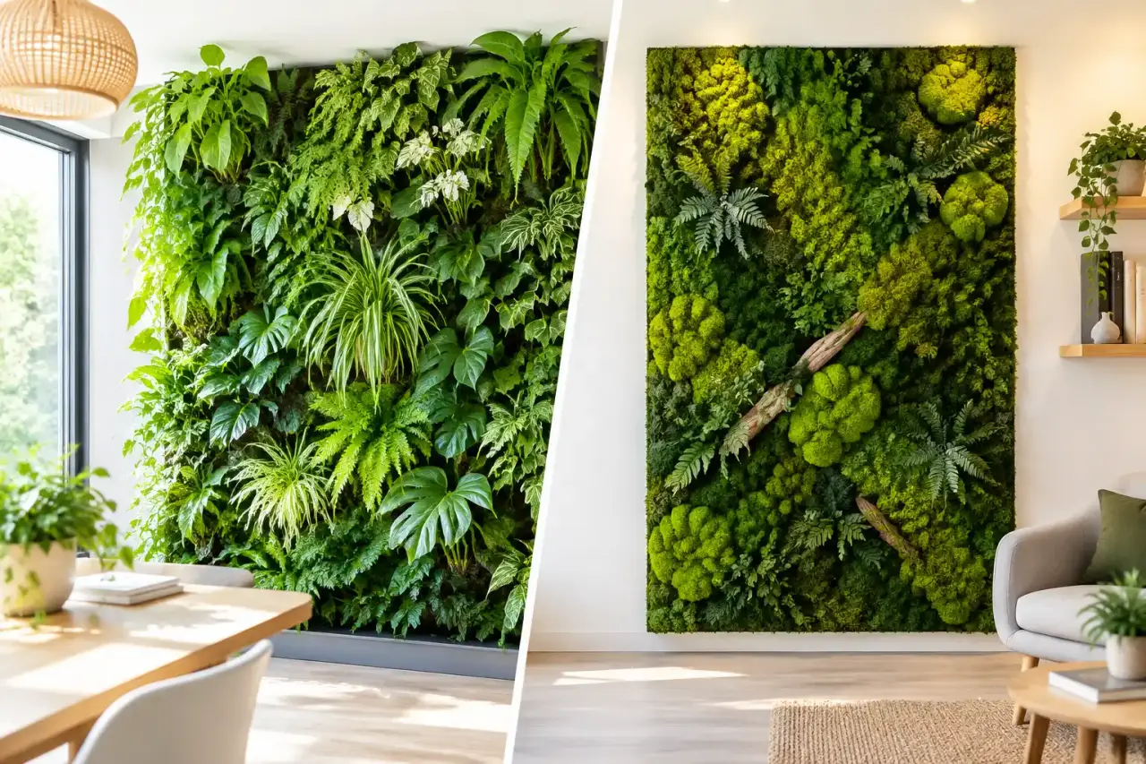 Mur végétal vivant et composition végétale stabilisée dans un intérieur lumineux