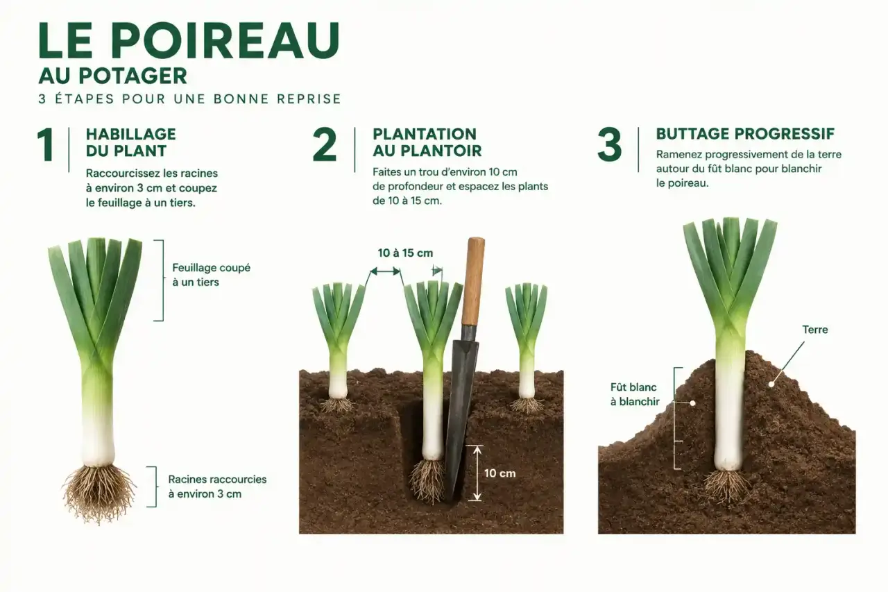 Schéma des étapes du potager poireau : habillage du plant, plantation au plantoir et buttage du fût