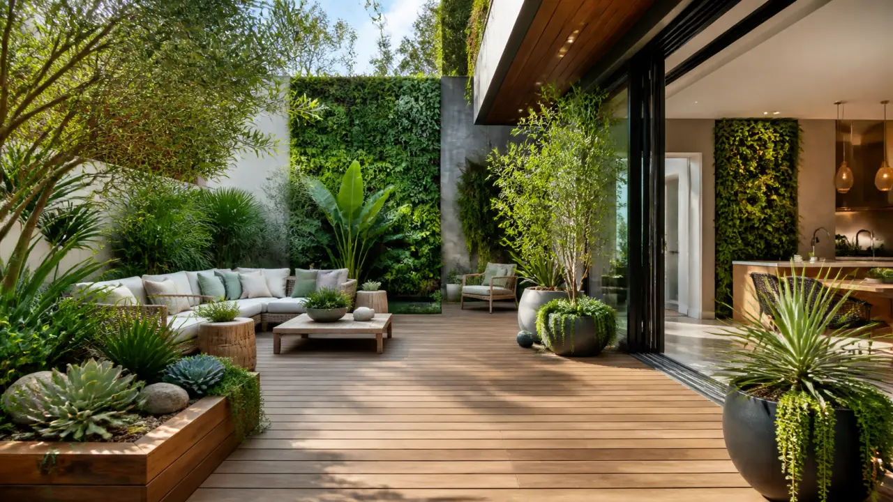 Patio végétal contemporain avec végétation luxuriante et murs vivants