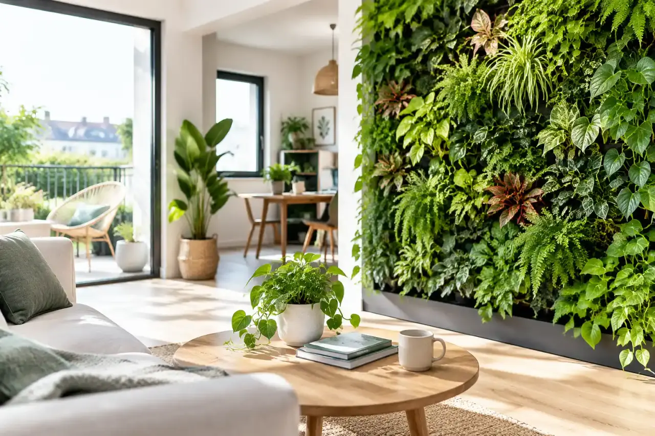 Mur végétal intérieur composé de plantes variées dans un espace de vie lumineux