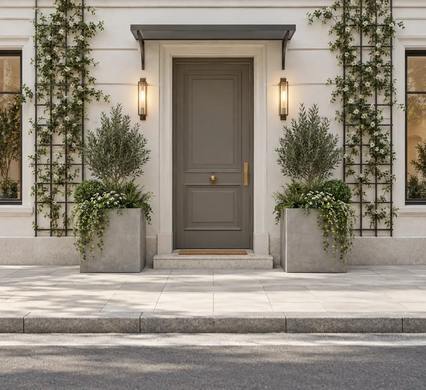 Idée déco extérieur devant maison sans jardin avec jardinières et plante grimpante