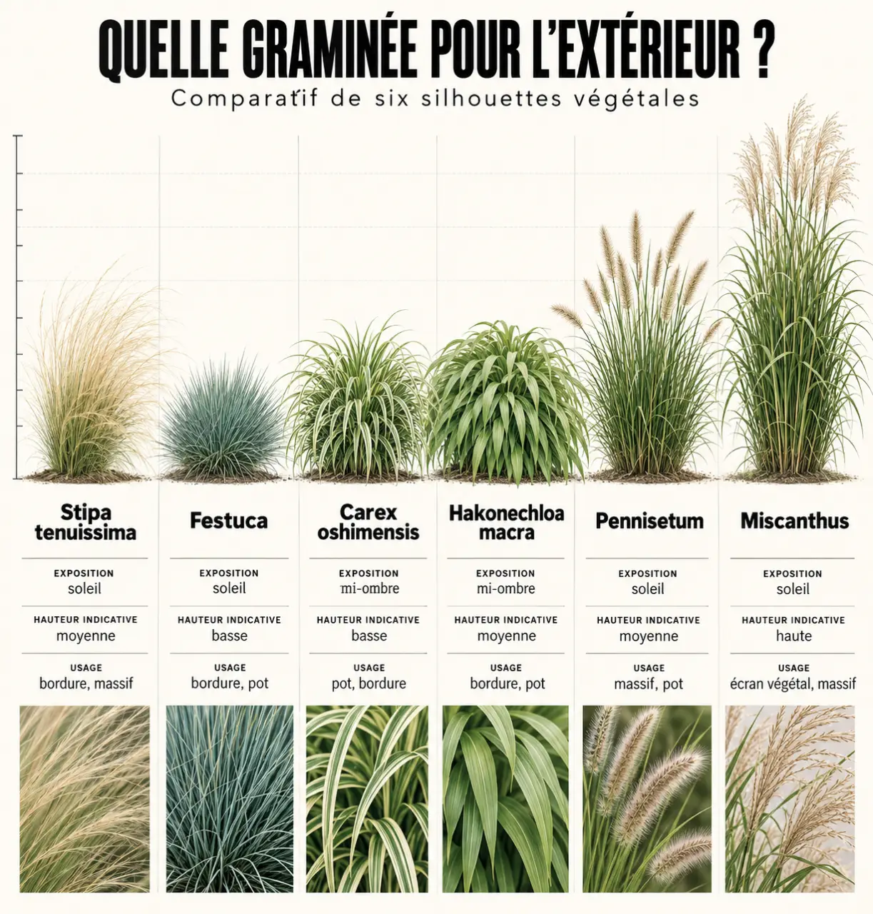 Infographie comparative pour choisir une plante graminée extérieur selon l’exposition, la hauteur et l’usage