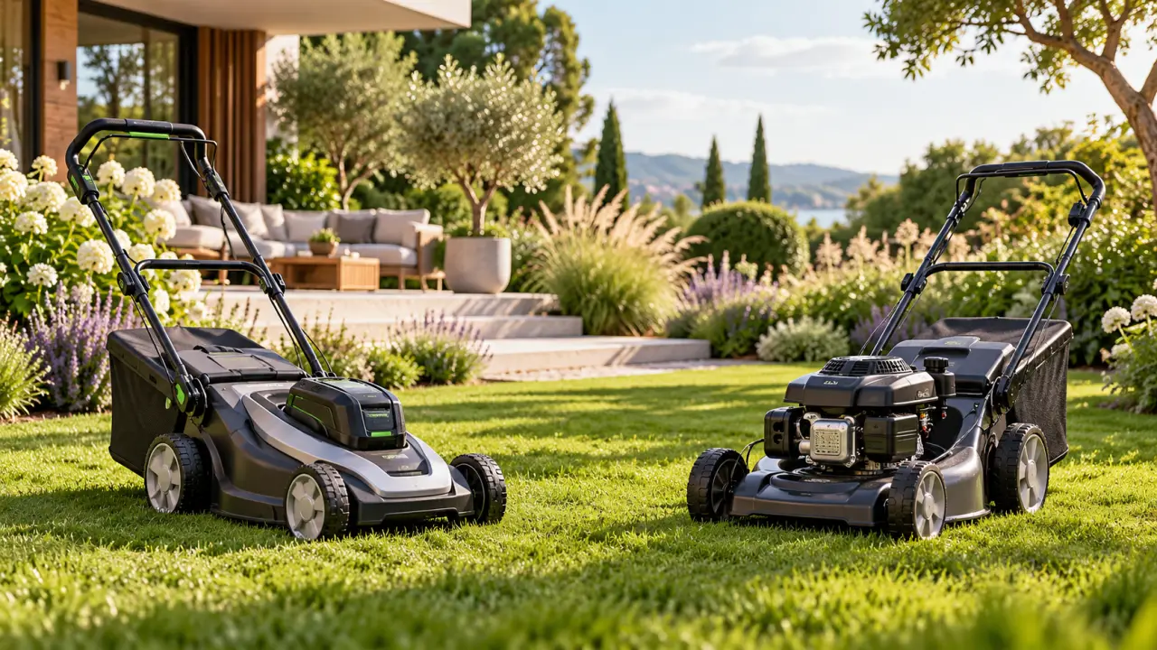 Tondeuse sur batterie utilisée dans un jardin paysager