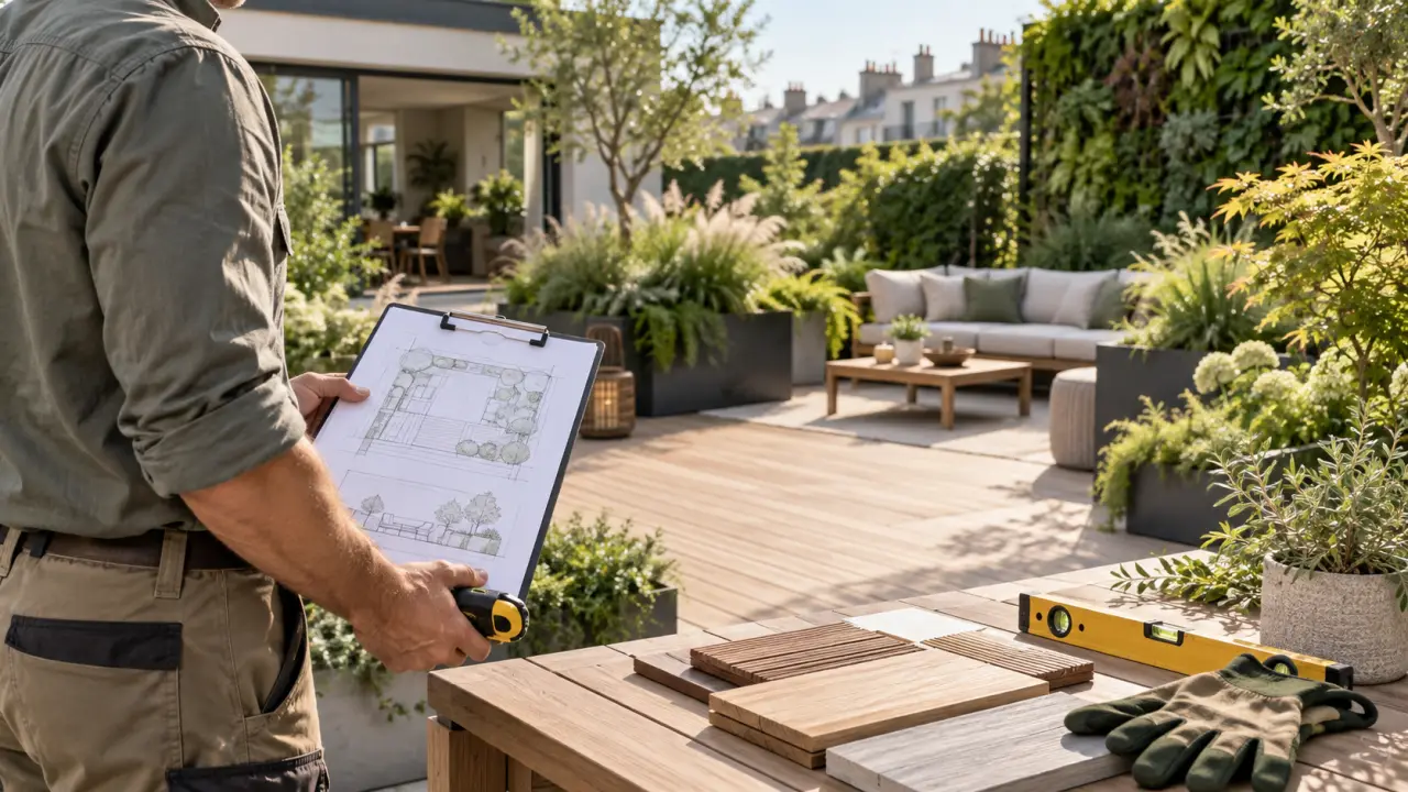 Terrasse végétale aménagée avec des plantes en pots et du mobilier naturel