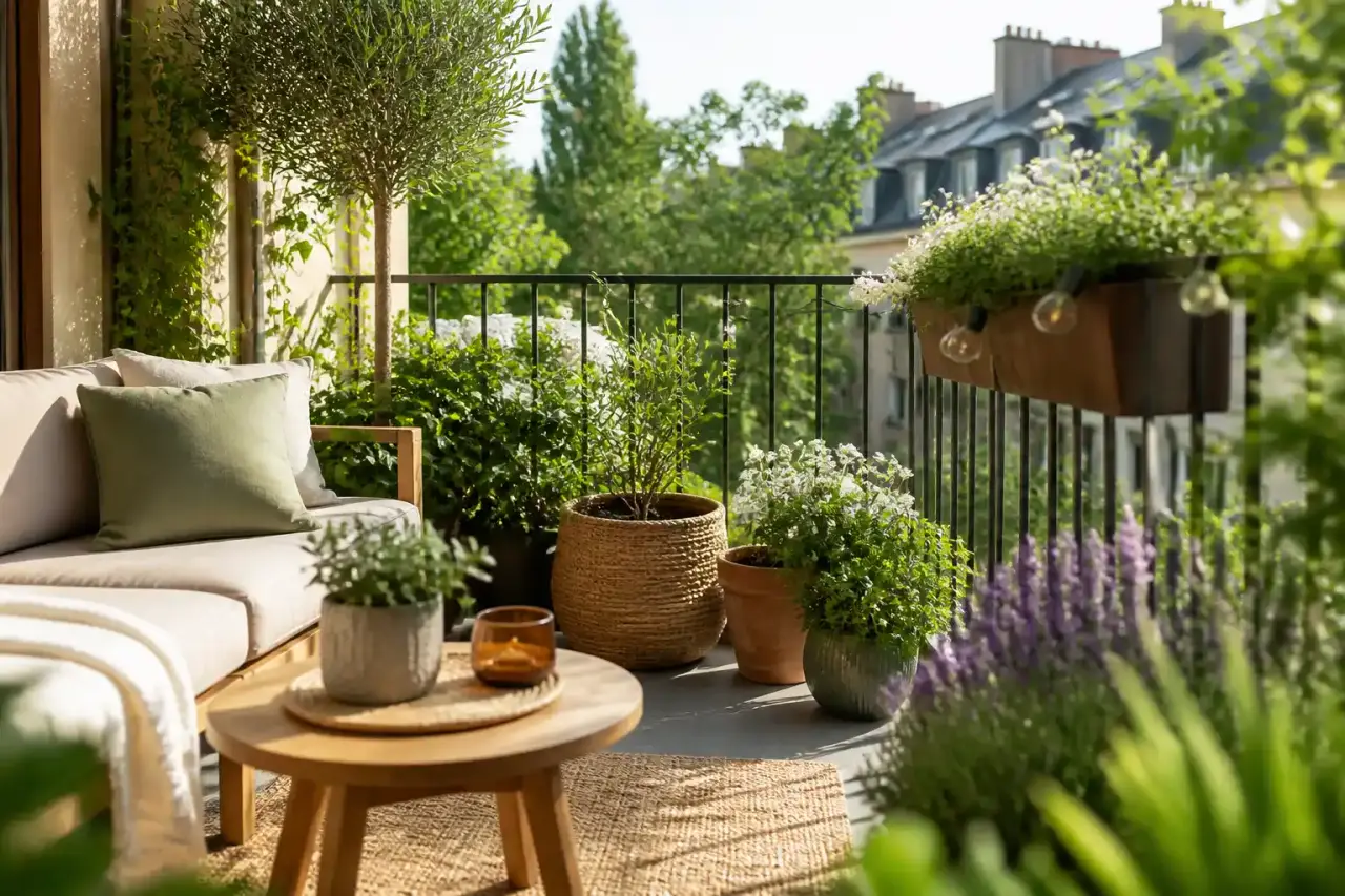 Un magnifique potager en carrés surélevés entouré de fleurs et de verdure au soleil levant