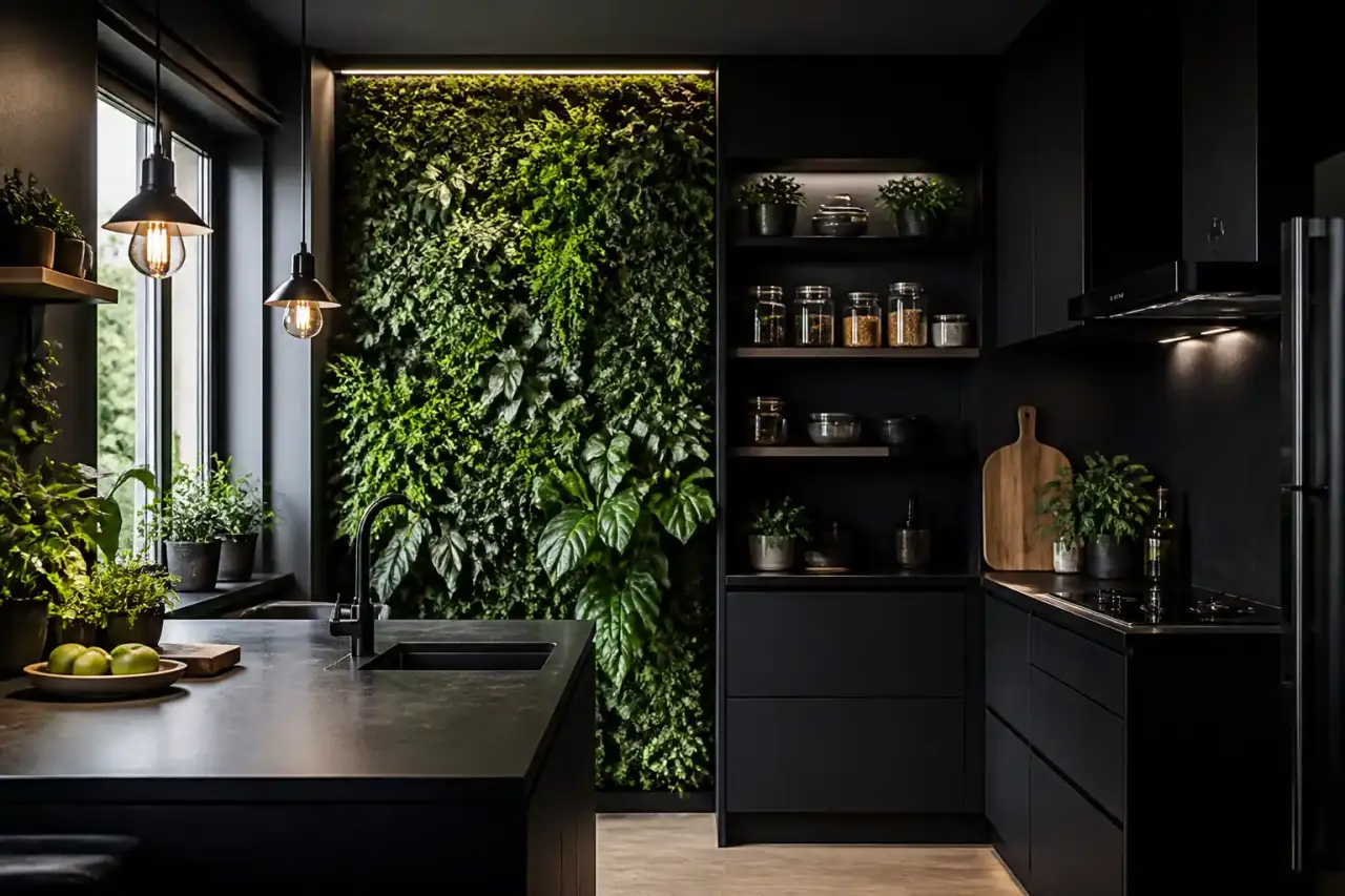Mur végétal élégant dans une cuisine sombre et contemporaine