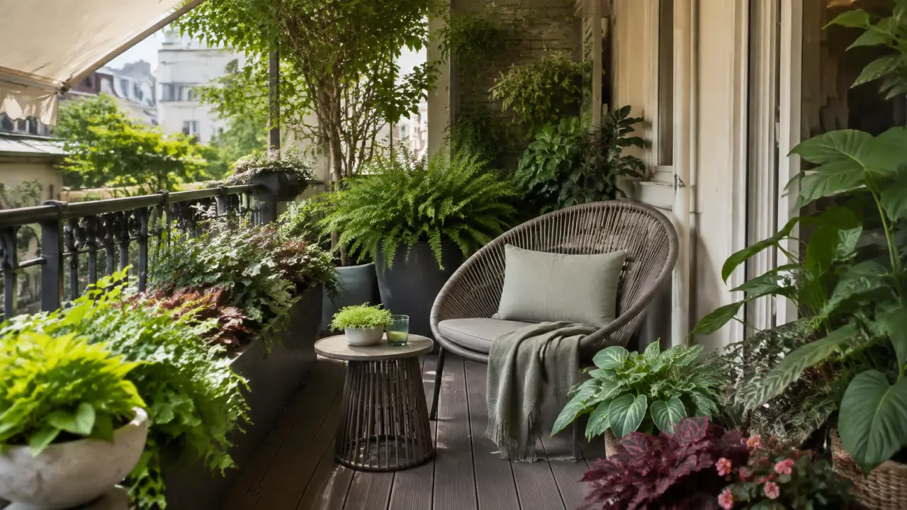 Balcon ombragé aménagé avec des plantes en pots