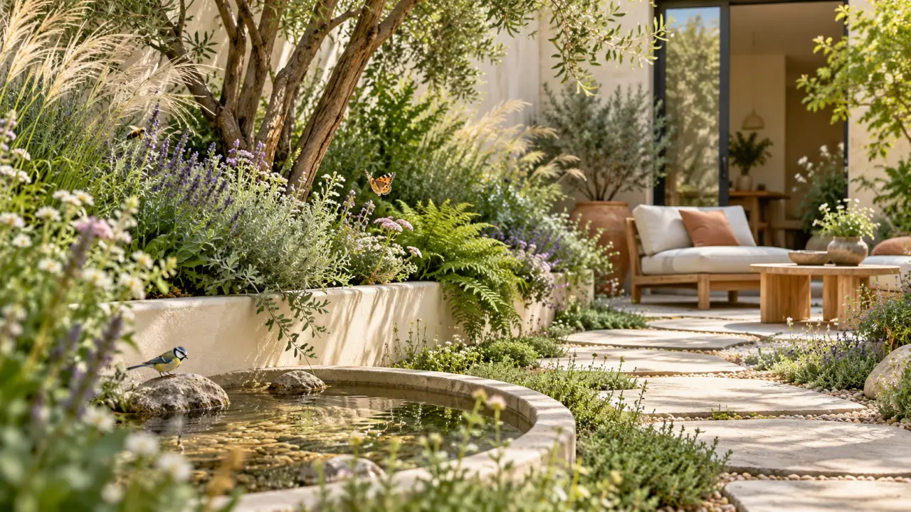Patio urbain végétalisé, lumineux et accueillant, conçu comme un refuge pour la biodiversité