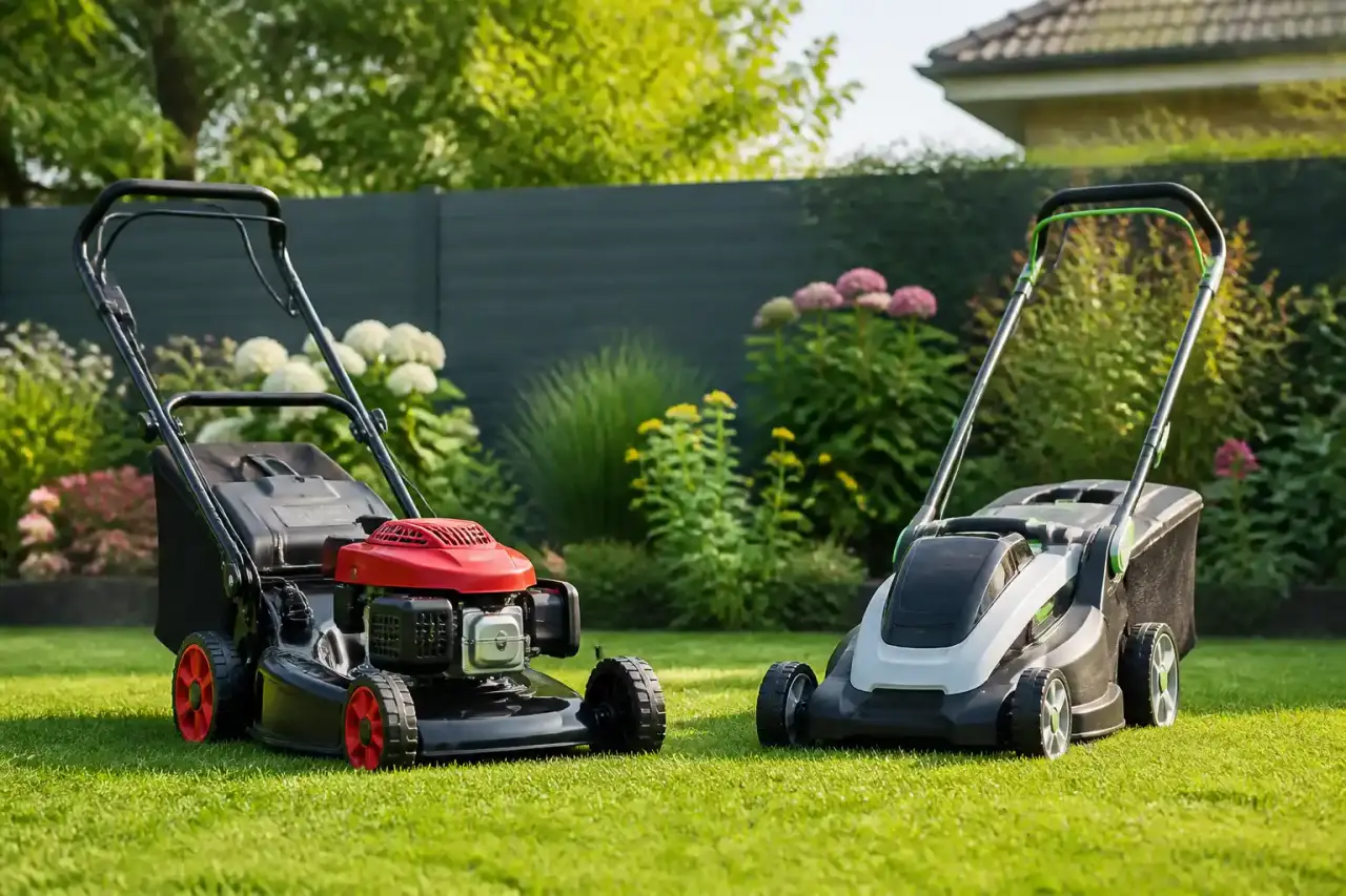 Comparatif entre tondeuse thermique et tondeuse à batterie dans un jardin verdoyant