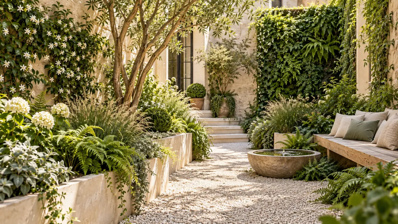 Cour urbaine sombre transformée en jardin refuge luxuriant et apaisant