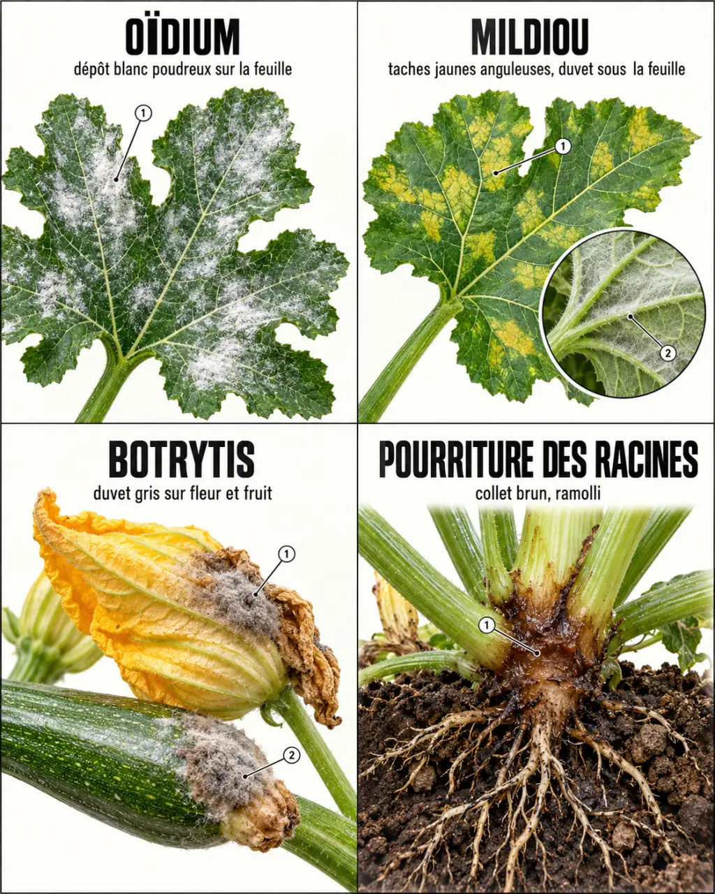 Traitement courgette maladie : comparaison visuelle de l'oïdium, du mildiou, du botrytis et de la pourriture des racines