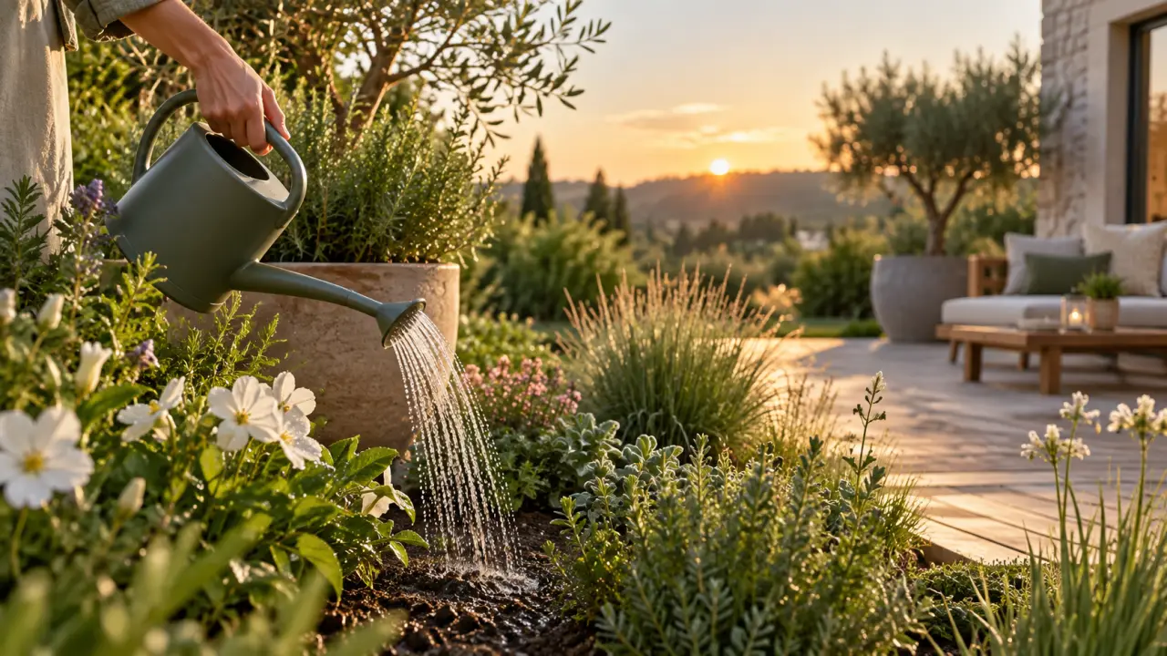 Jardin paysager arrosé en fin de journée, entouré de végétation luxuriante