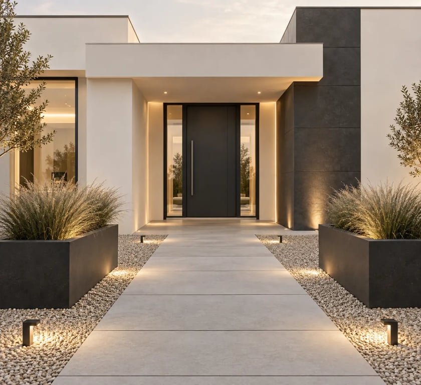 Idée déco extérieur devant maison contemporaine avec allée en dalles, jardinières et éclairage chaleureux