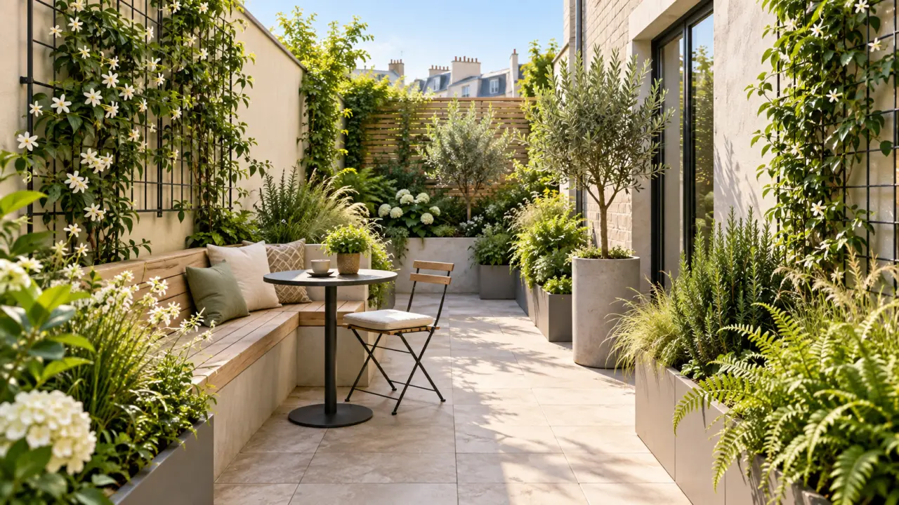 Cour urbaine moderne végétalisée avec des plantes en pots et une circulation dégagée