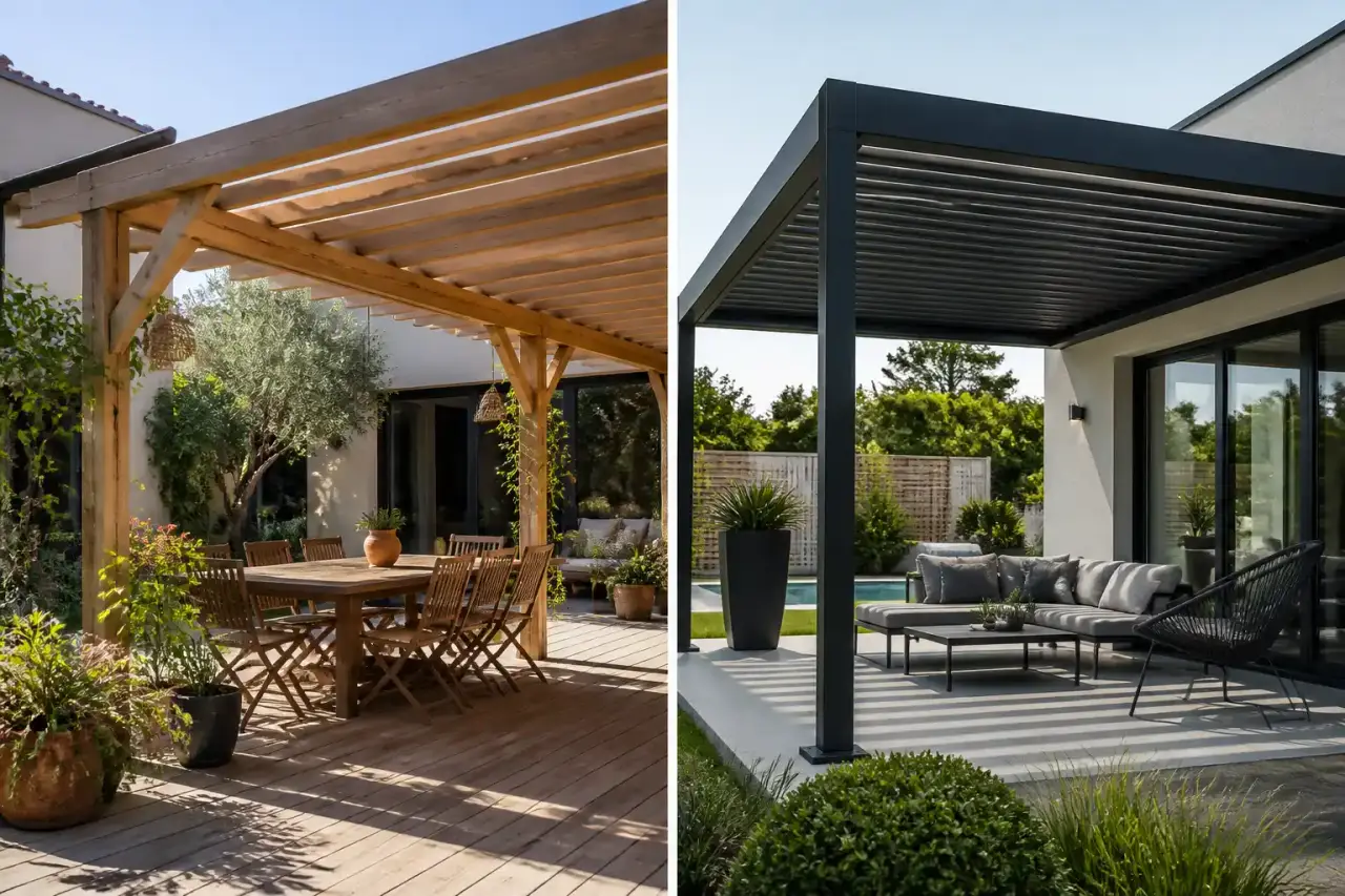 Pergola de terrasse au style chaleureux dans un jardin contemporain