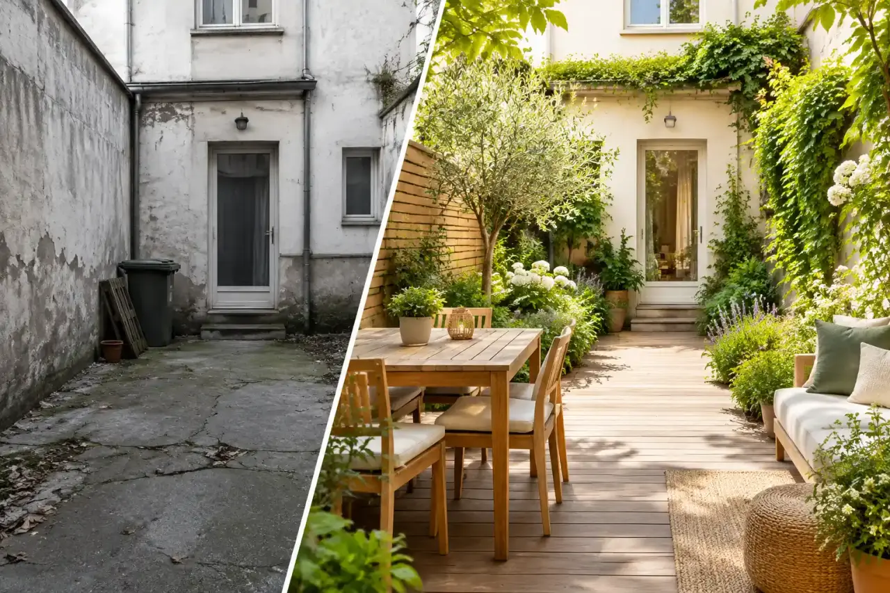 Cour urbaine transformée en jardin lumineux avec plantes, bois et éclairage doux