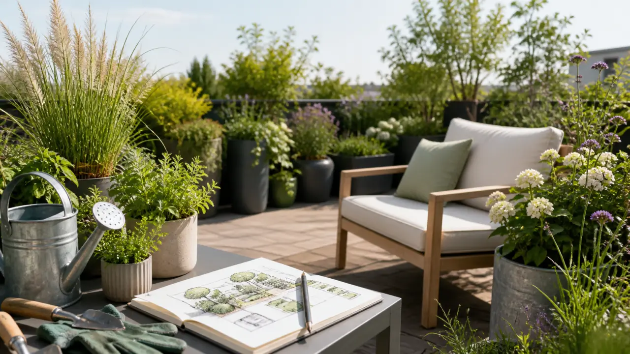 Jardin de terrasse moderne et lumineux avec plantes en pots et cheminements élégants