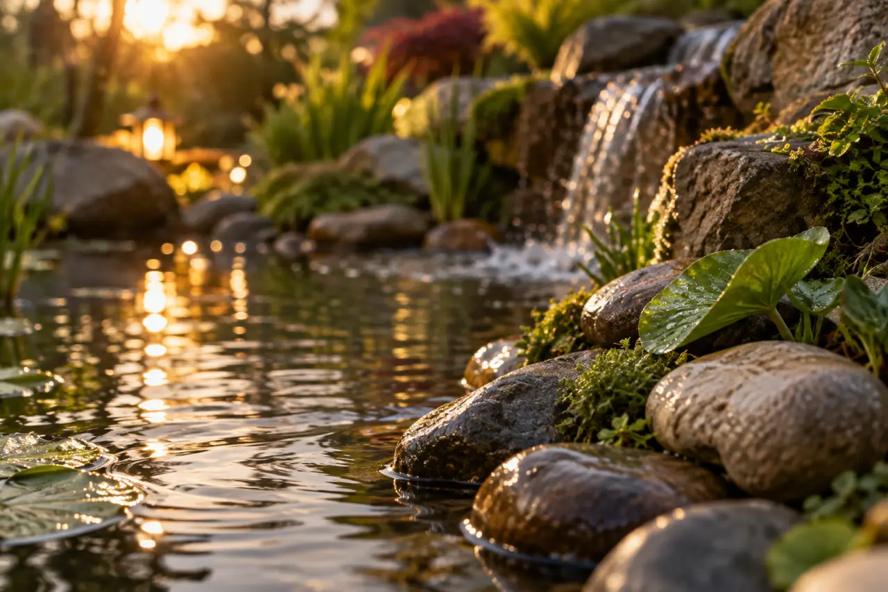 Décoration de bassin extérieur : structurez les berges, animez l’eau et éclairez les reliefs