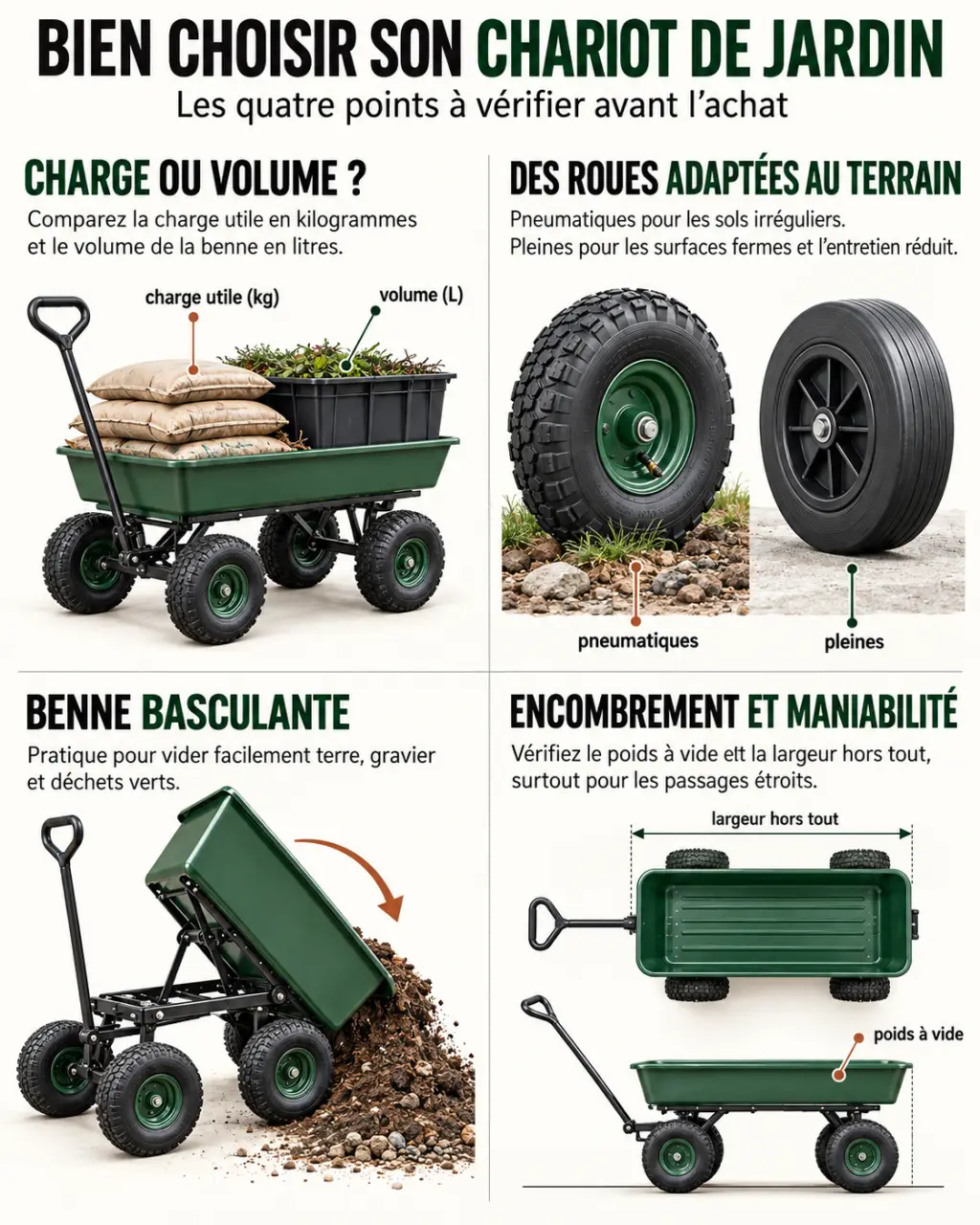 Infographie pour choisir un chariot pour jardinage selon la charge, le volume, les roues et le terrain