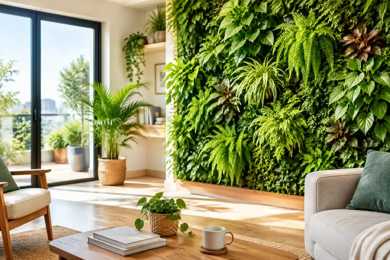 Mur végétalisé intérieur composé de plantes luxuriantes dans un espace de vie lumineux