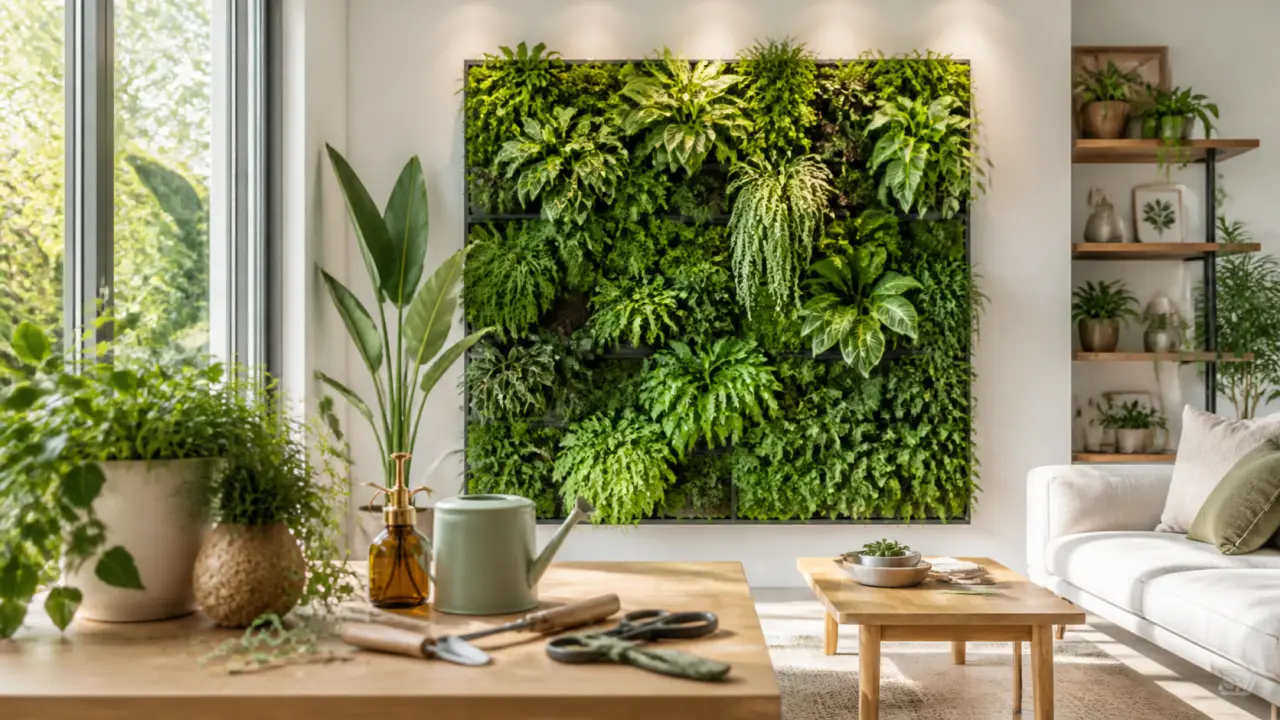 Mur végétal intérieur lumineux et moderne dans un espace de vie contemporain