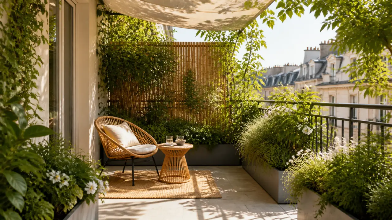 Balcon urbain aménagé avec des plantes en pots, une végétation généreuse et un espace d’ombre apaisant