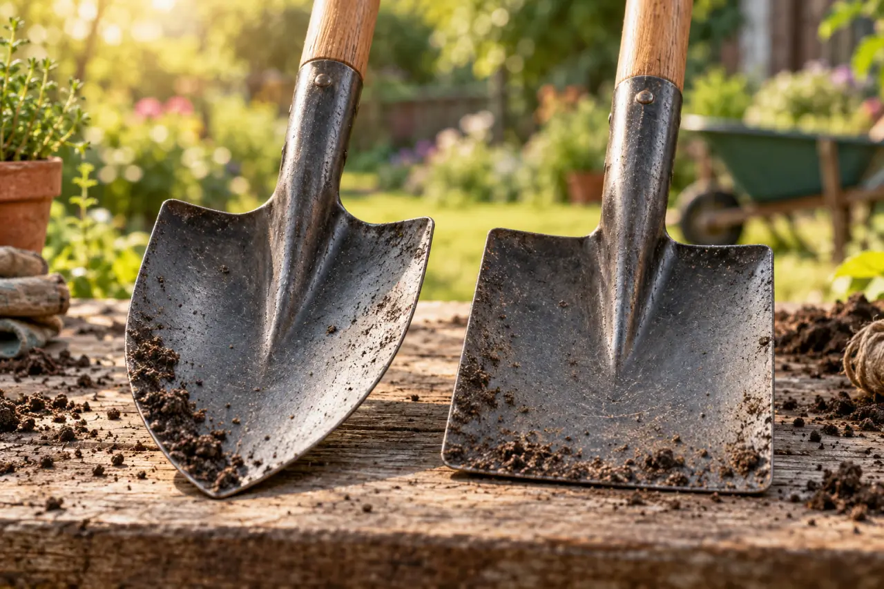 Pelle de jardinage : ronde pour creuser, carrée pour charger