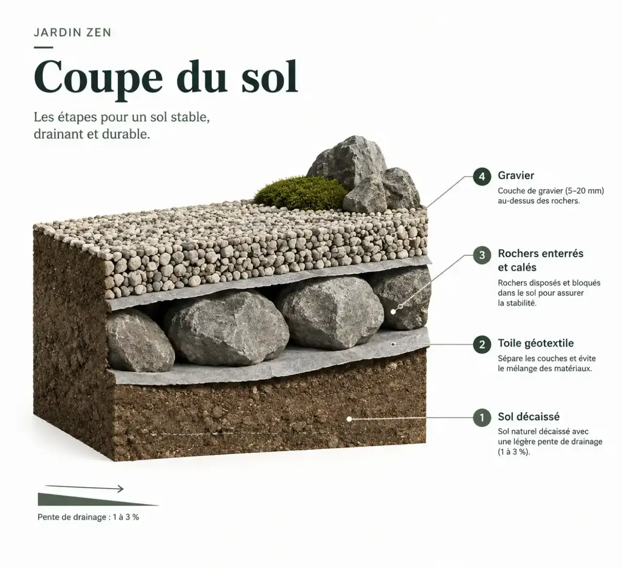 Schéma des couches pour faire un jardin zen : drainage, géotextile, rochers et gravier