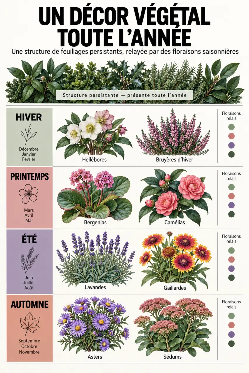 Calendrier des floraisons pour composer une plante extérieur toute saison avec feuillages persistants