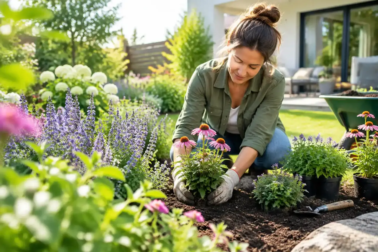 Massif fleuri harmonieusement composé dans un jardin paysager
