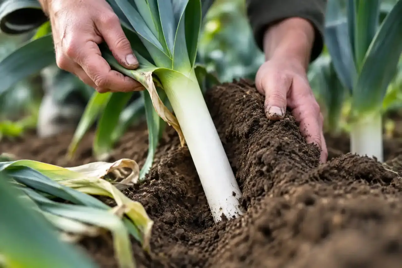 Poireau au potager : le geste d'habillage et le buttage qui font un fût long et blanc