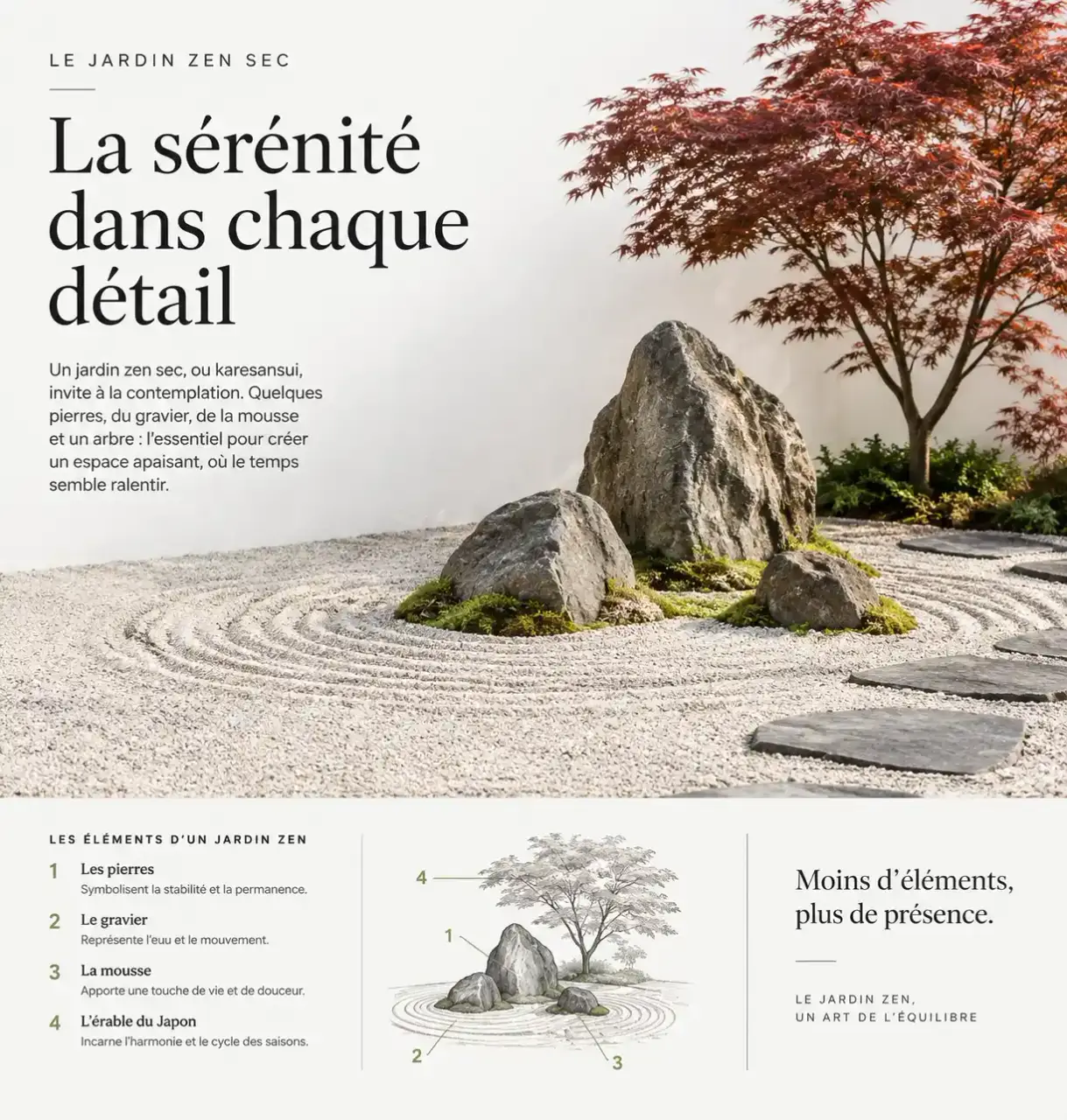 Faire un jardin zen : gravier ratissé en vagues, trois rochers, érable du Japon et pas japonais