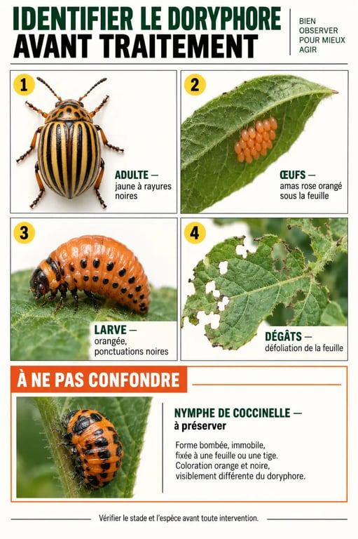 Infographie du traitement doryphore : reconnaître les œufs, larves, adultes et dégâts sur pomme de terre