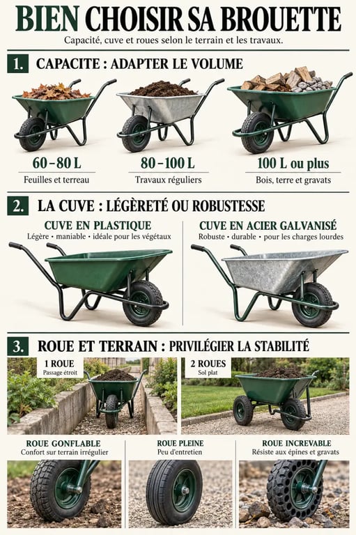 Infographie comparative sur le choix d'une brouette pour jardinage selon la capacité, le matériau de la cuve et le type de roues