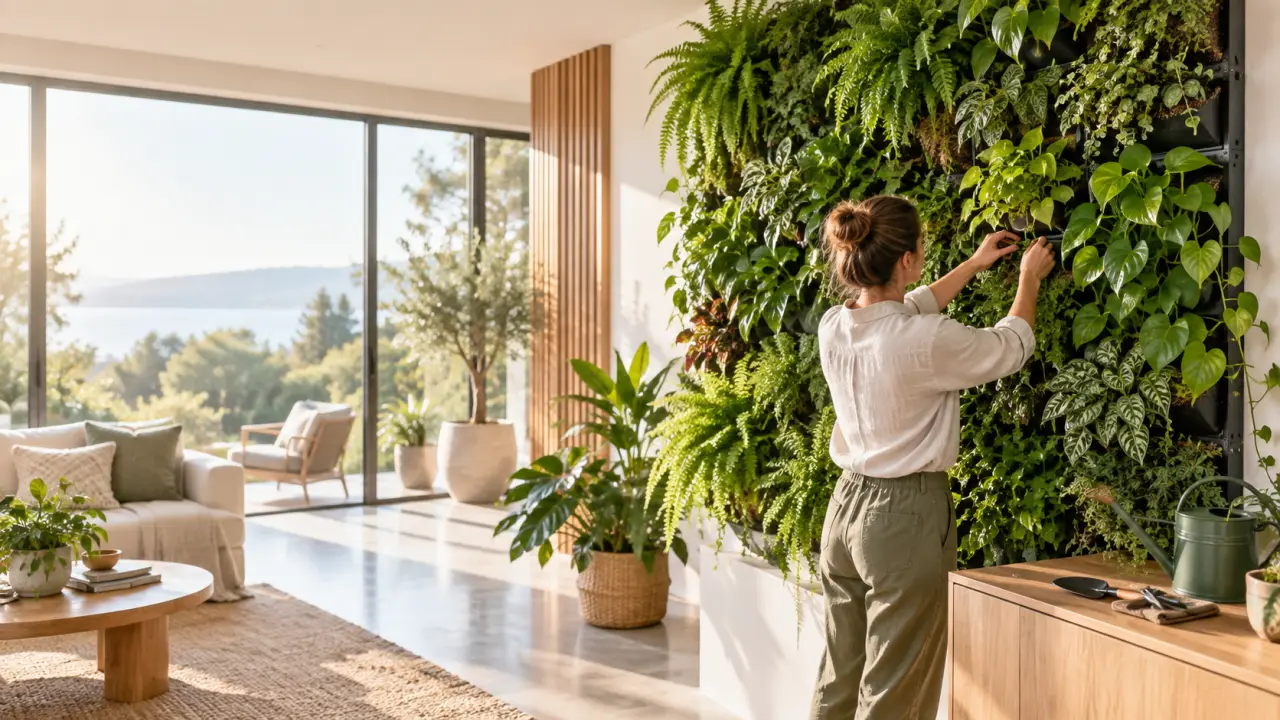 Mur végétalisé intérieur composé de plantes tropicales dans un espace de vie lumineux