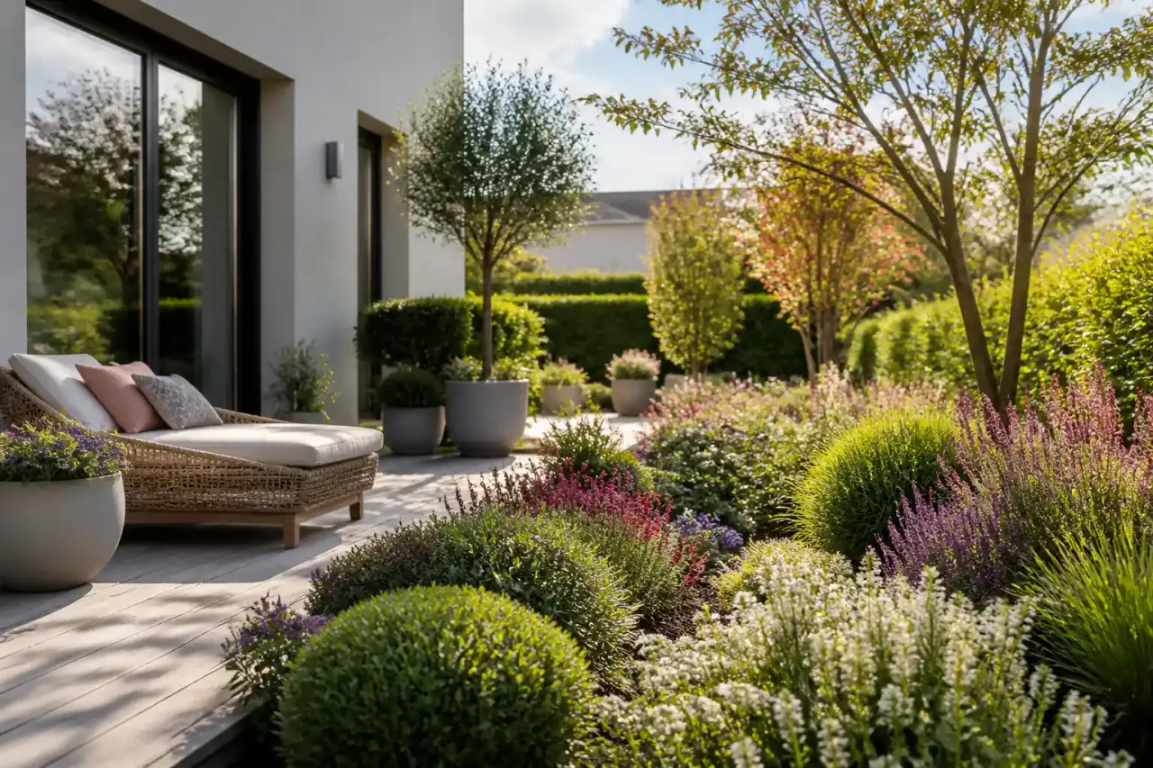 Jardin urbain moderne au lever du soleil avec pas japonais et végétation luxuriante