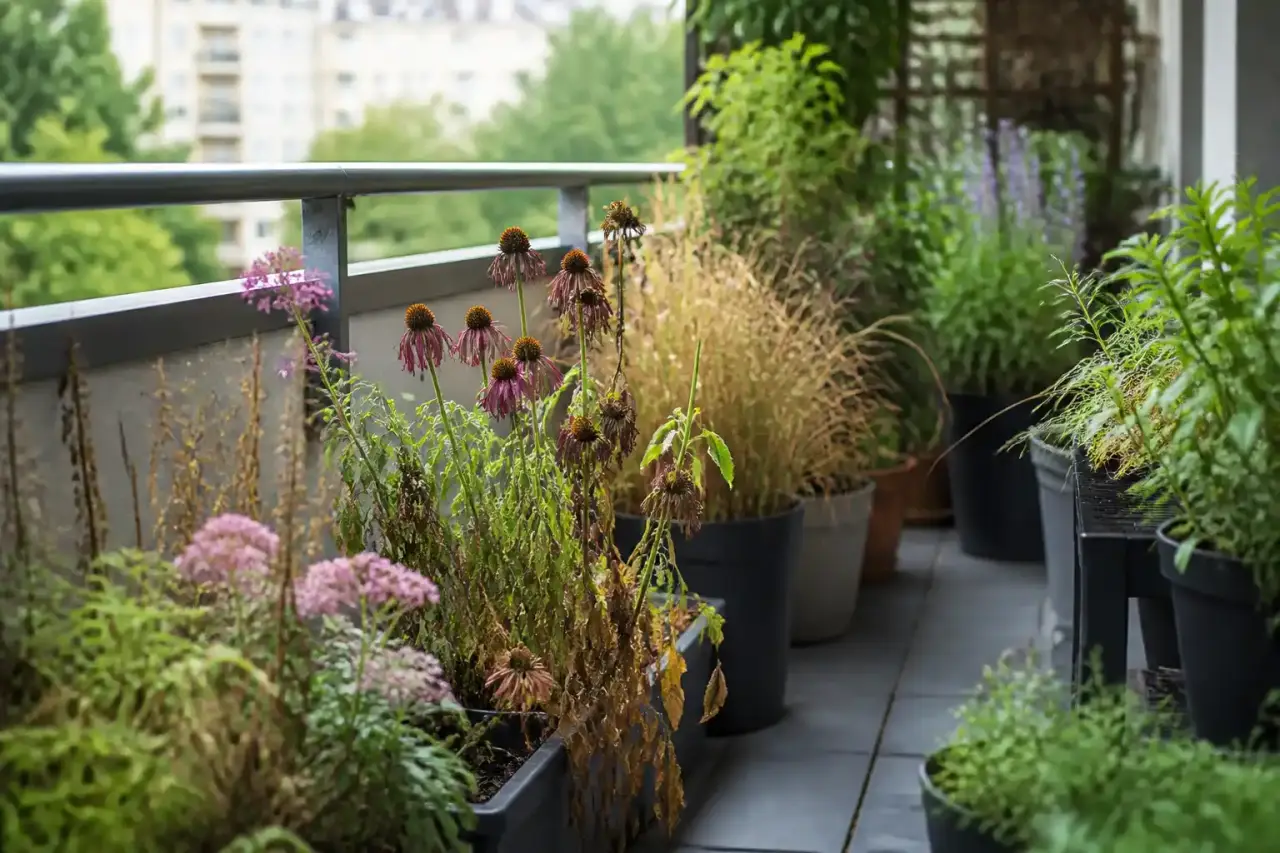 Balcon urbain planté de vivaces dans des contenants élégants, lumière douce du matin