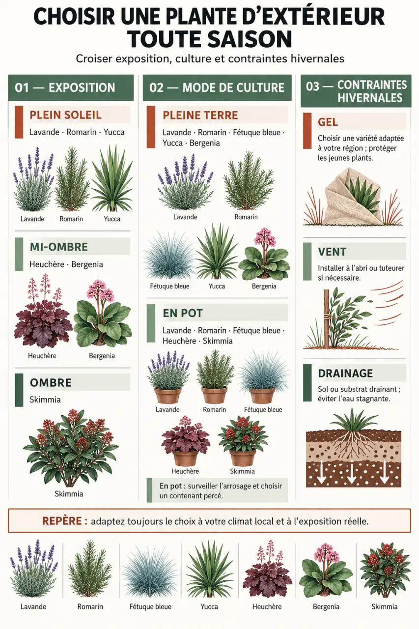 Infographie pour choisir une plante extérieur toute saison selon l'exposition, le pot ou la pleine terre et la résistance au froid