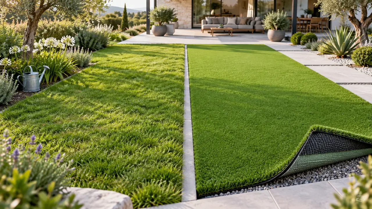 Jardin contemporain avec une pelouse naturelle et une zone de gazon synthétique