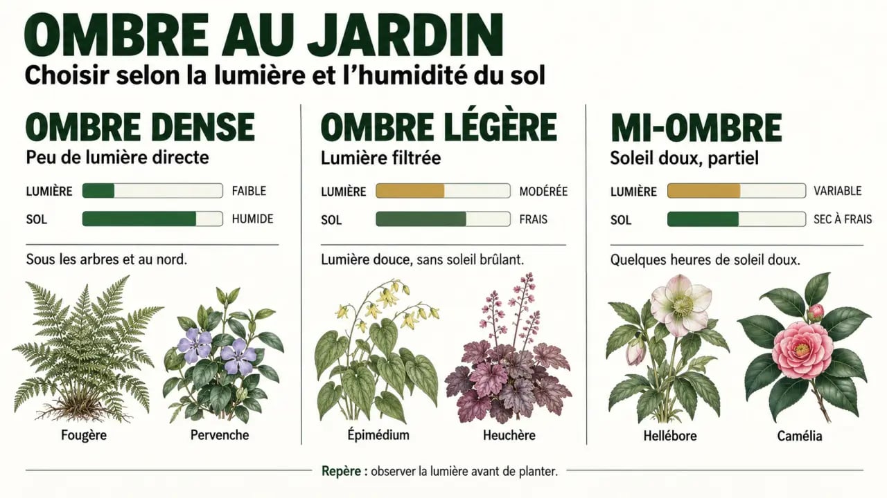 Infographie sur les plantes d’extérieur pour l’ombre au feuillage persistant selon la lumière et l’humidité du sol