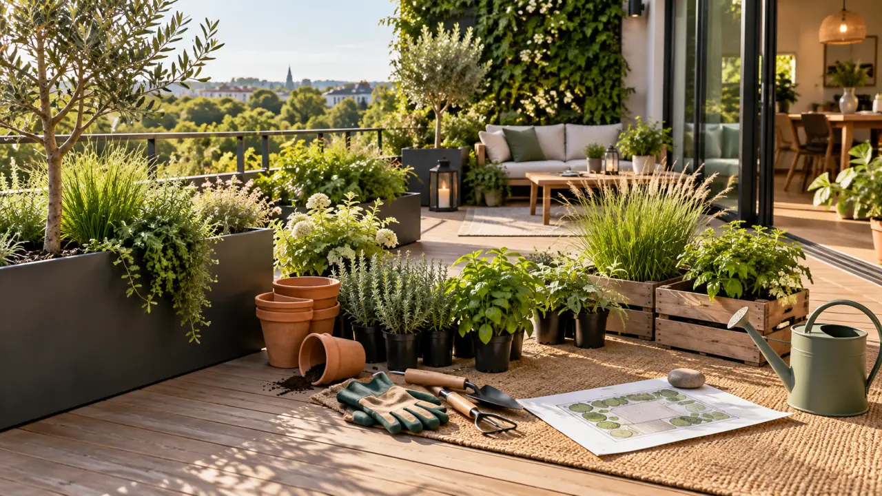 Terrasse végétale contemporaine aménagée avec des plantes en pots
