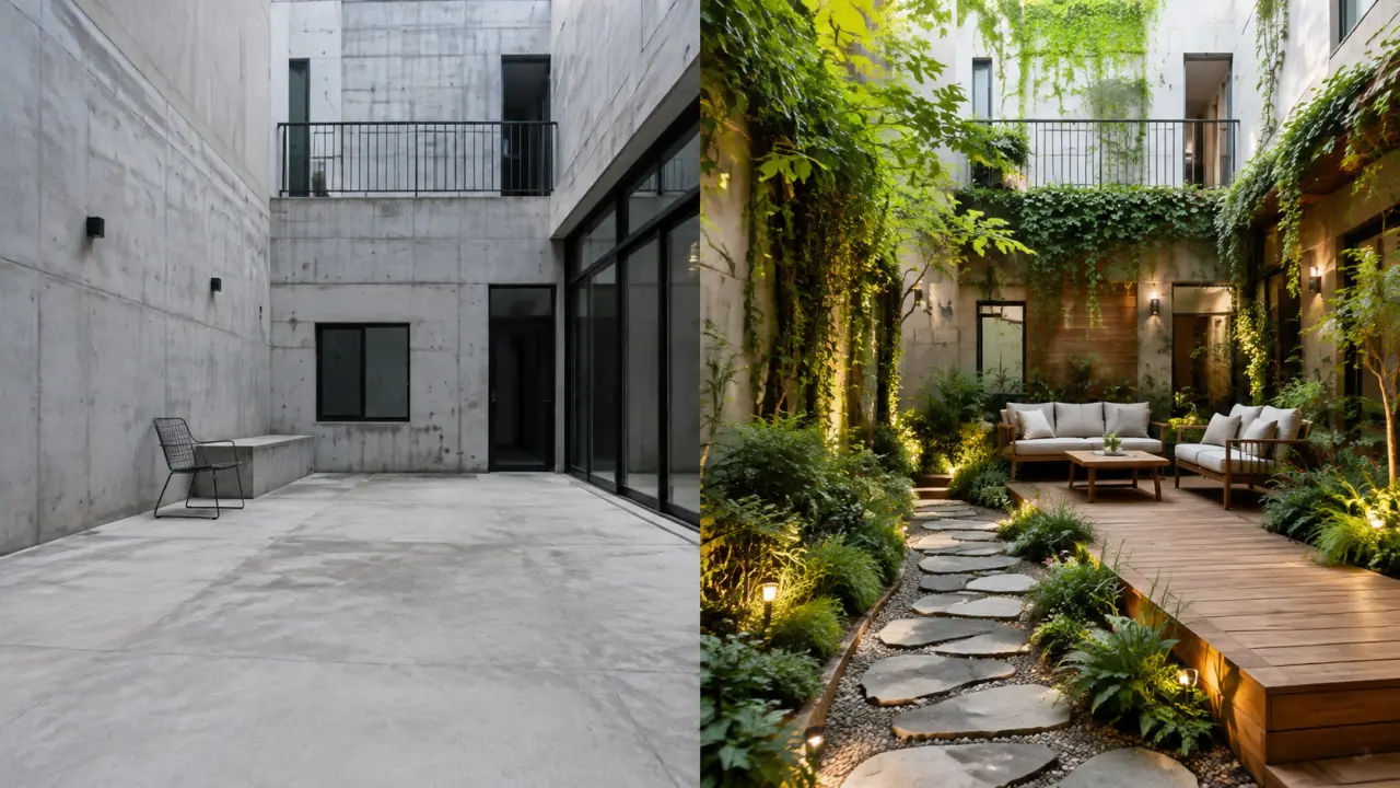 Cour urbaine transformée en jardin luxuriant au lever du soleil