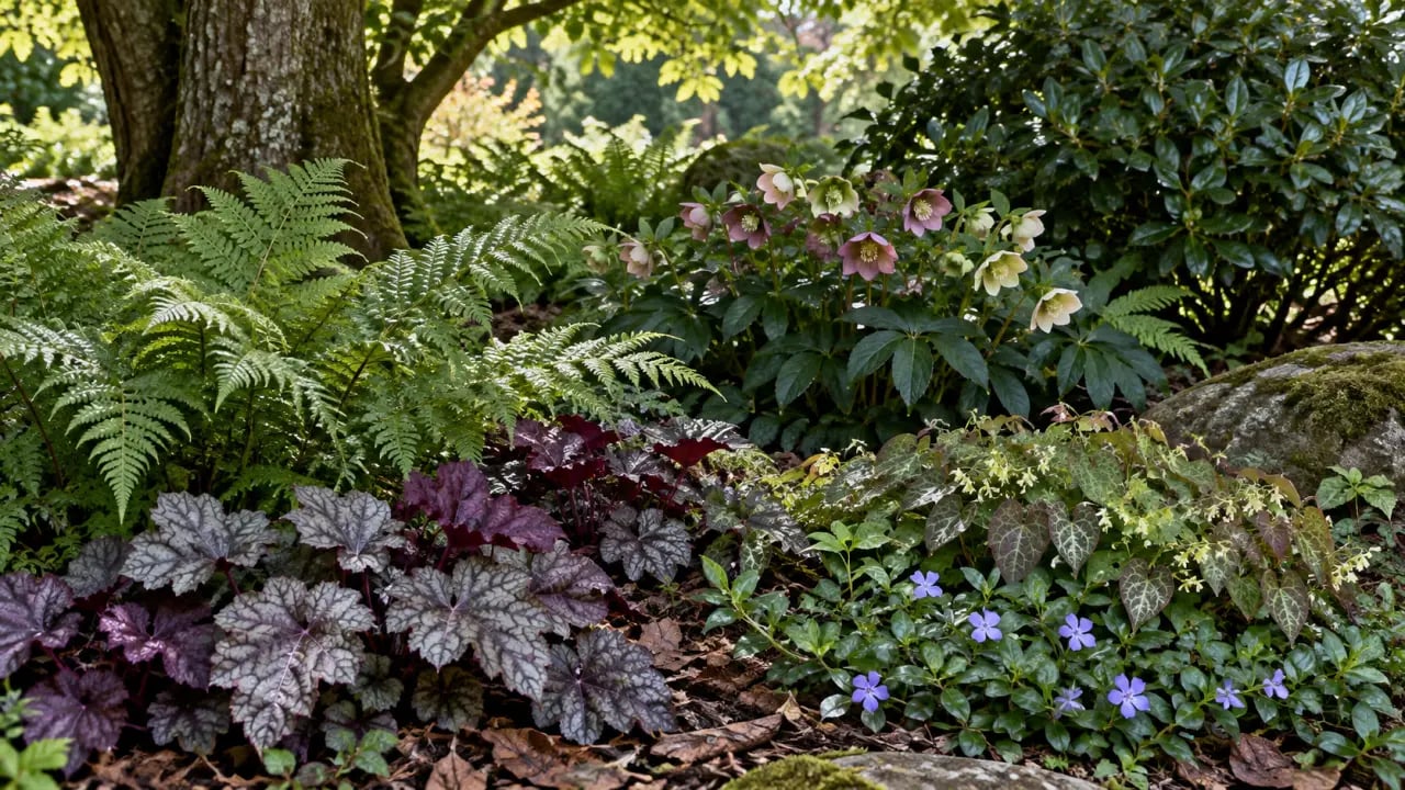 Massif de plantes extérieur ombre persistant sous un arbre avec couvre-sols, fougères et heuchères