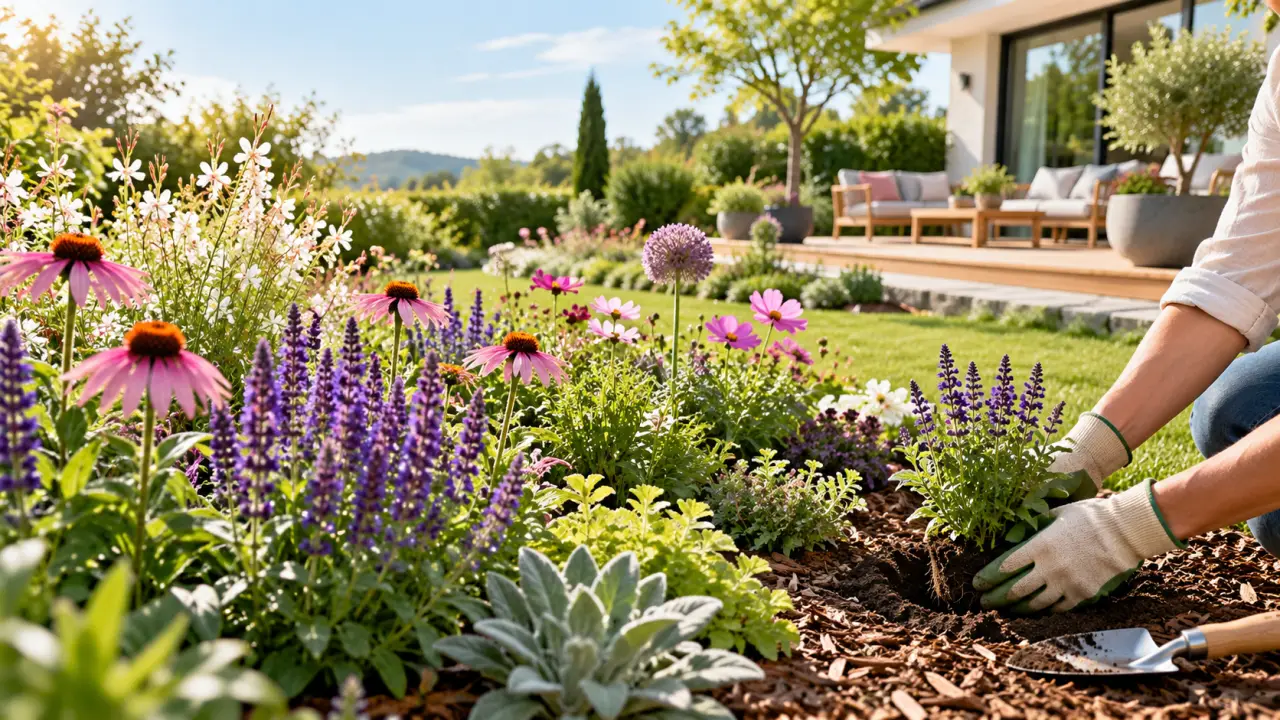 Massif fleuri composé de vivaces et de fleurs colorées dans un jardin
