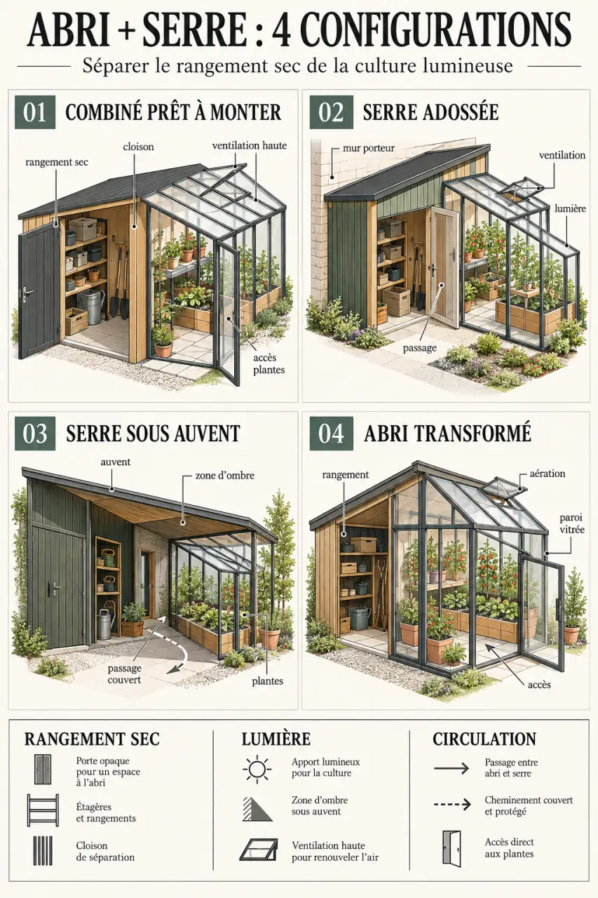 Comparatif visuel des configurations d’un abri de jardin et serre