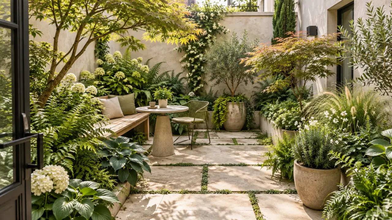 Petite cour urbaine transformée en jardin frais et végétalisé